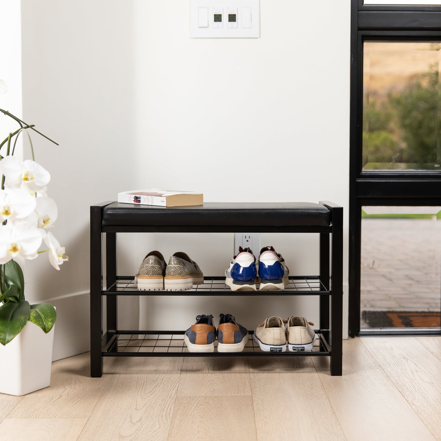 Leatherette Storage Entryway Bench with Metal Frame