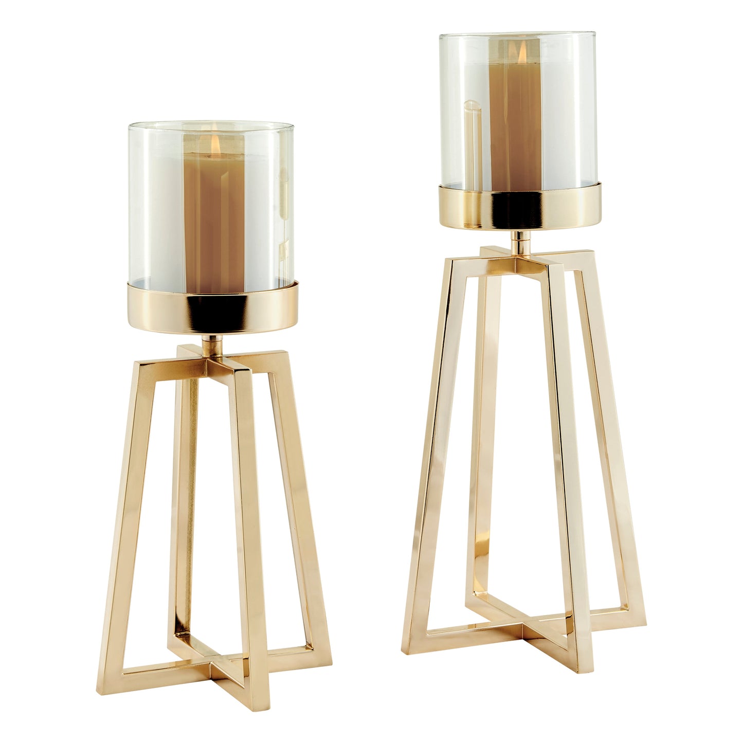 Maeve Tinted Glass Warm Gold Pedestal Hurricane Candle Holders - Set of 2