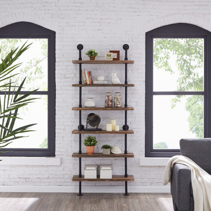 Industrial Modern Rustic 6-Tier Iron Pipe Wall Mount Ladder Shelving Unit in Distressed Wood Finish