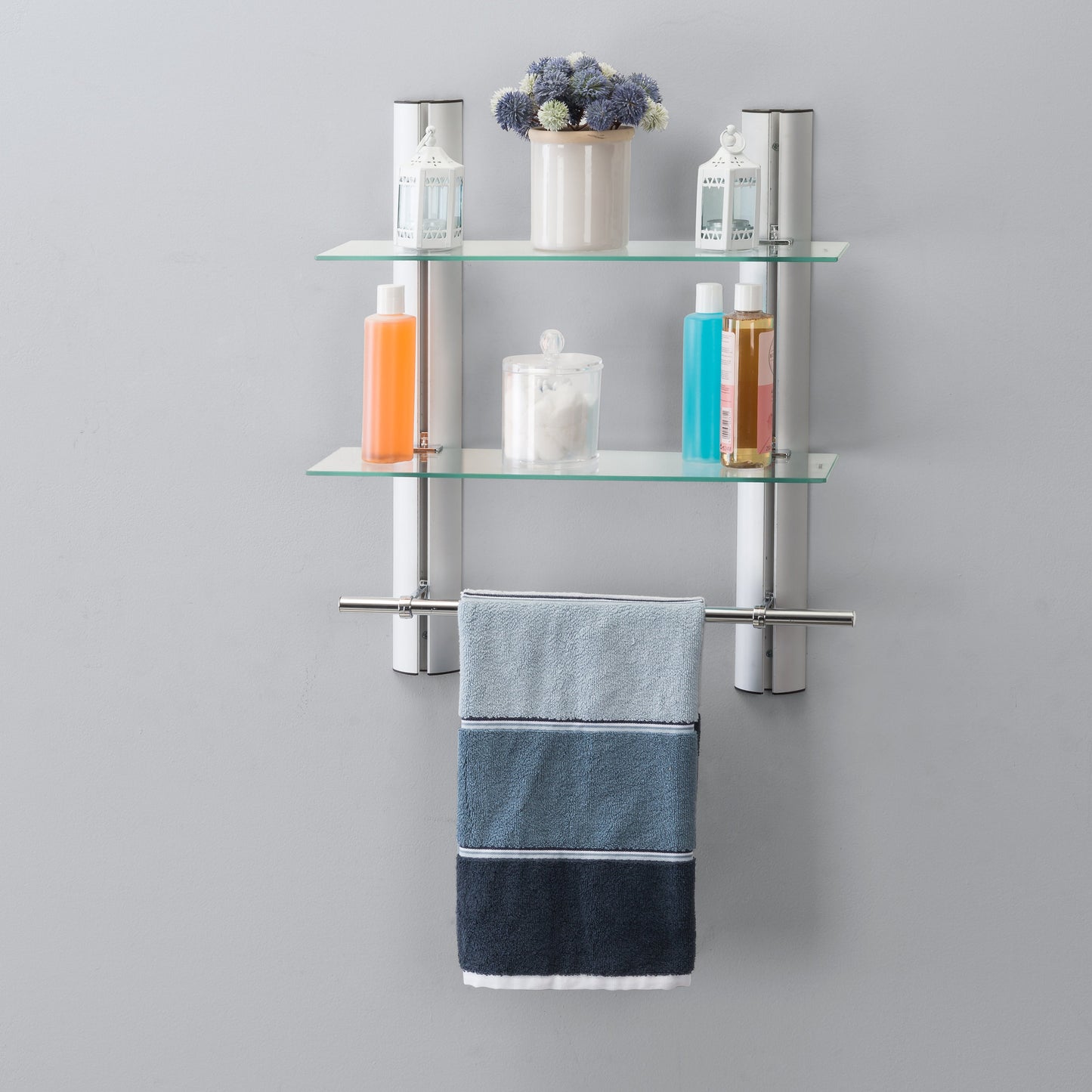 2 Tier Adjustable Glass Shelf with Aluminum Frame and Towel Bar