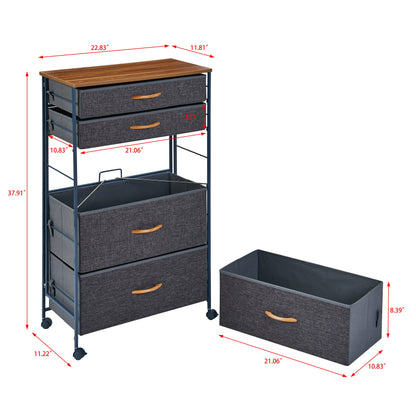 Fabric 5-Drawer Storage Dresser Chest with Steel Frame and Caster Wheels