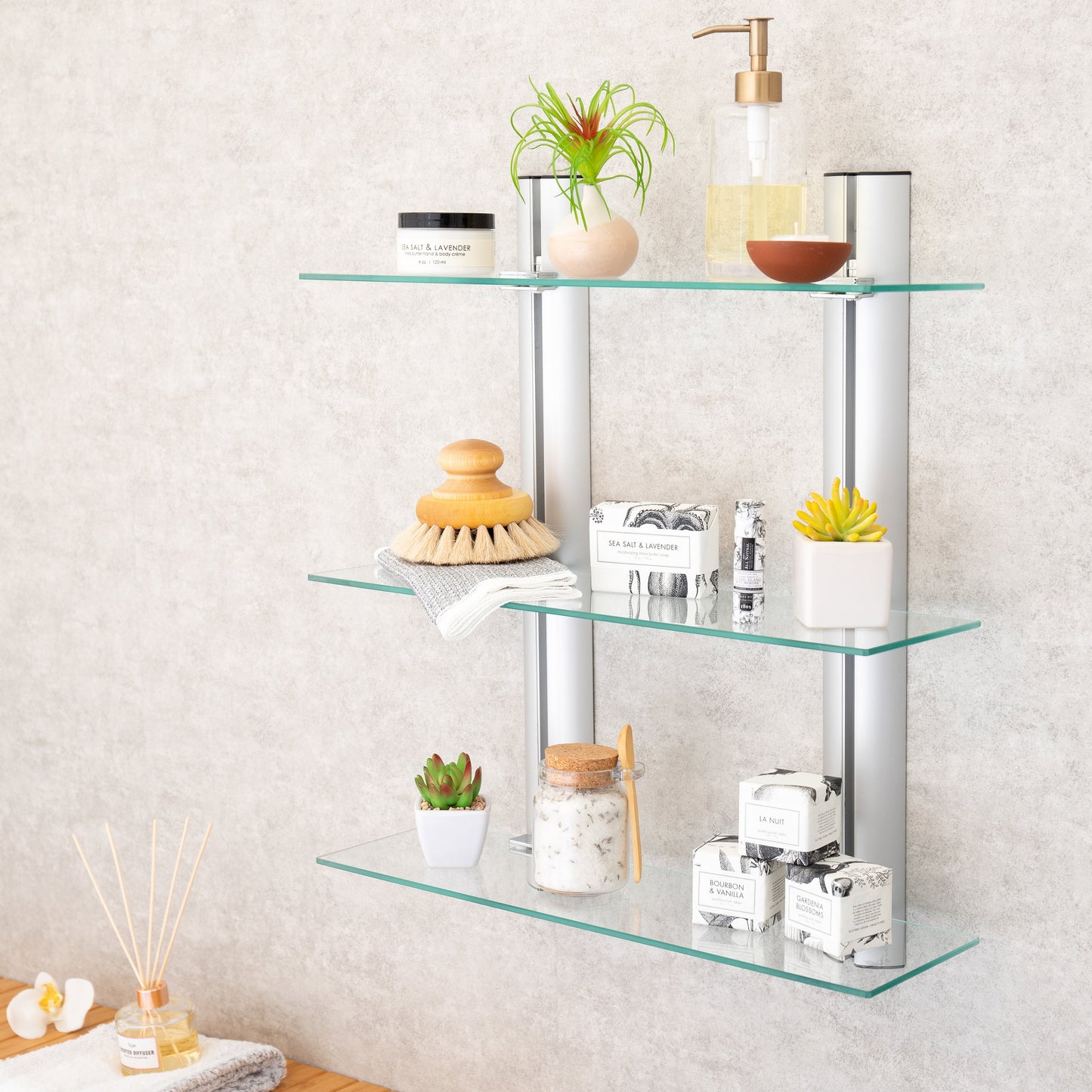 Decorative Wall-Mount 3-Tier Adjustable Glass Wall Shelves on Aluminum Bars