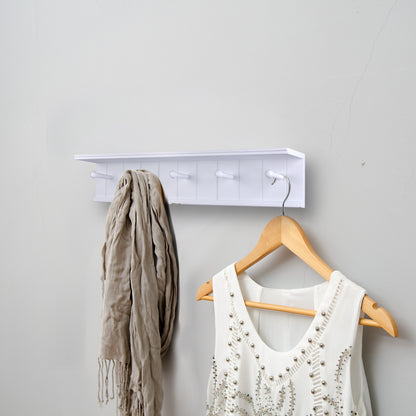 24" Wooden Coat Rack with 5 Hanger Hooks and Shelf - White