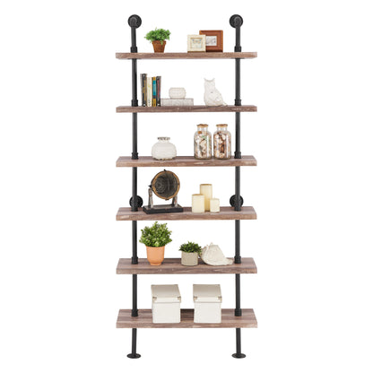 Industrial Modern Rustic 6-Tier Iron Pipe Wall Mount Ladder Shelving Unit in Distressed Wood Finish