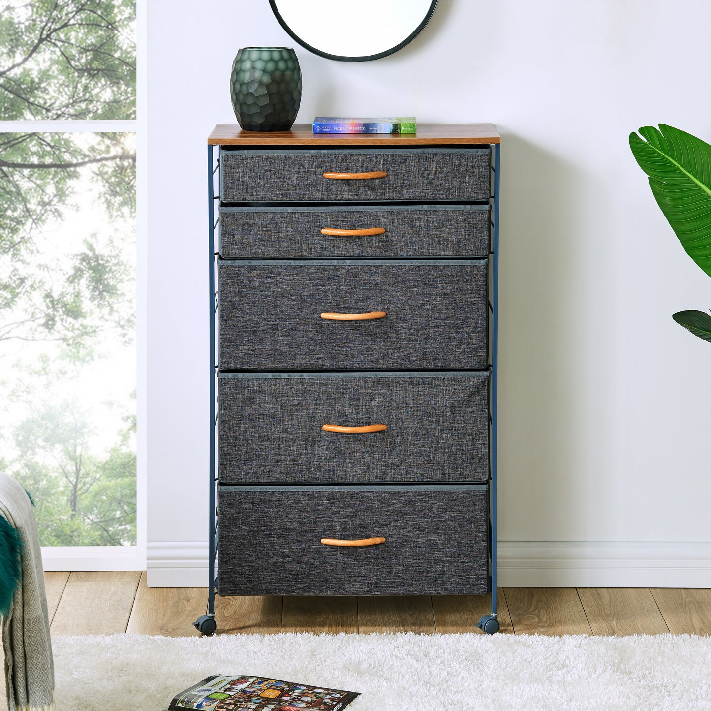 Fabric 5-Drawer Storage Dresser Chest with Steel Frame and Caster Wheels