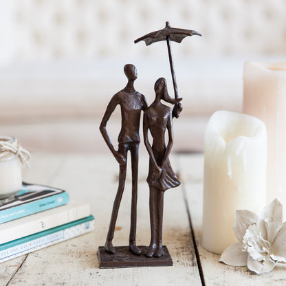 Loving Couple Under Umbrella Bronze Sculpture