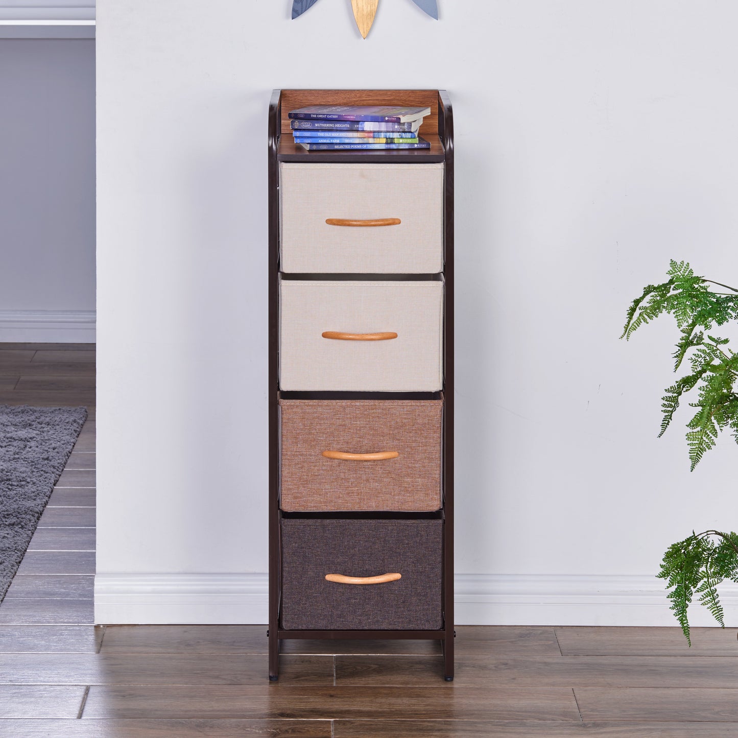 Decorative Modern Tall and Narrow Dresser/Chest Storage Tower with 4 Fabric Drawers