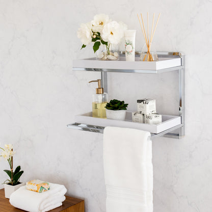 Bathroom Accessories and Decor " Wall Mount 2-Tier Chrome Shelving Unit with Towel Rack and White Removable Trays