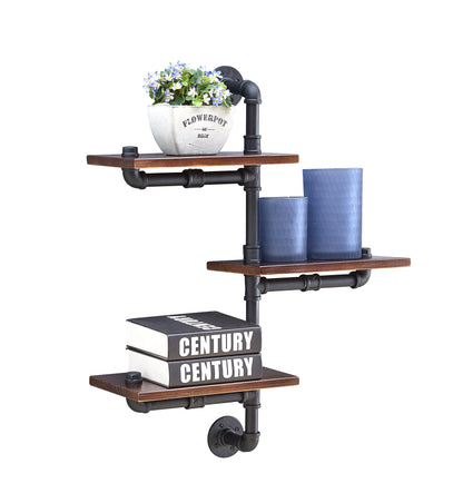 3-Tier Vertical Floating Staggered Industrial Rustic Pipe Shelving Unit - Wall Mount