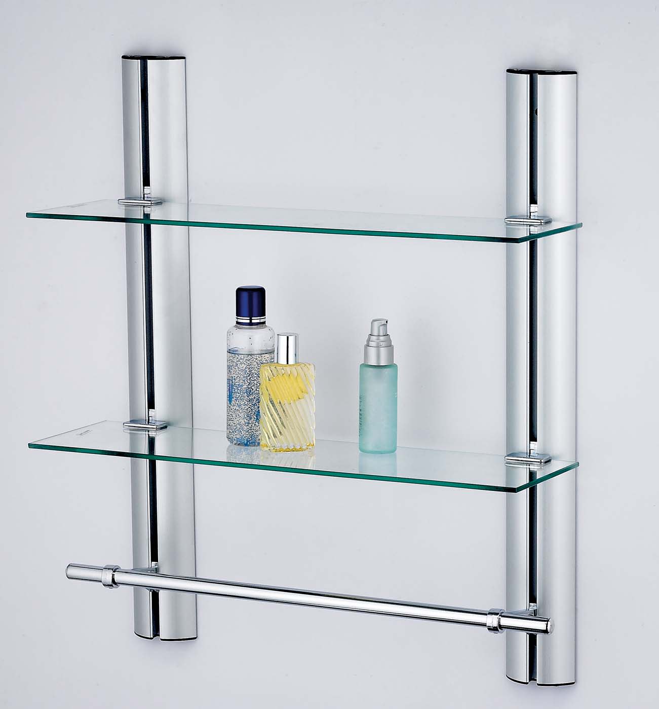 2 Tier Adjustable Glass Shelf with Aluminum Frame and Towel Bar