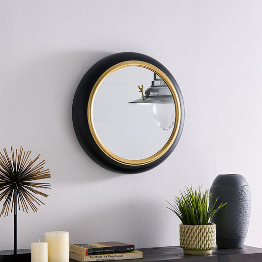 16.5 in Round Wall Mount Accent Mirror with Black Metal Frame and Gold Trim