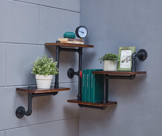 4-Tier Floating Corner Or Straight Staggered Floating Industrial Rustic Pipe Shelving Unit – Wall Mount