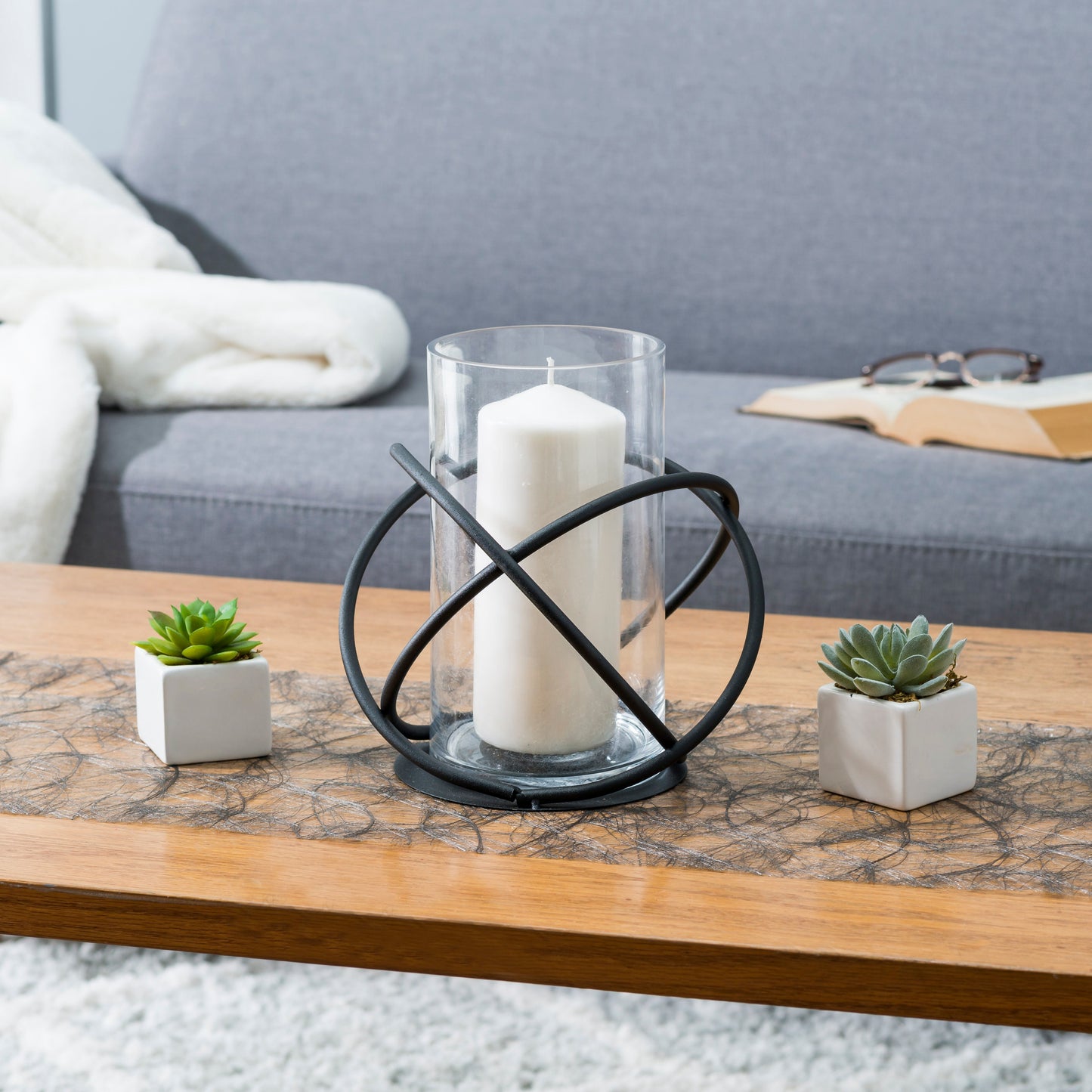 Large Metal  and Glass Orbits Hurricane Candleholder