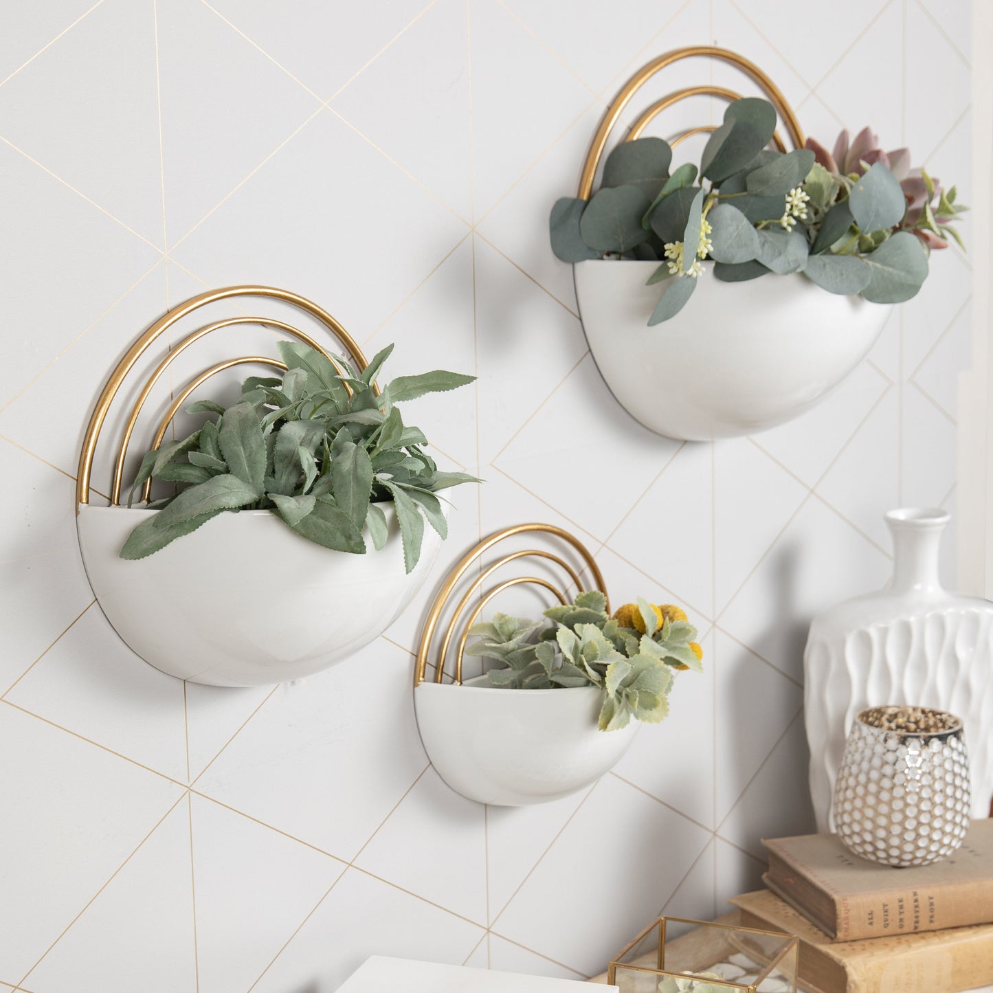 Crescent 3-Piece Metal Wall Planter Set - White with Gold Detail