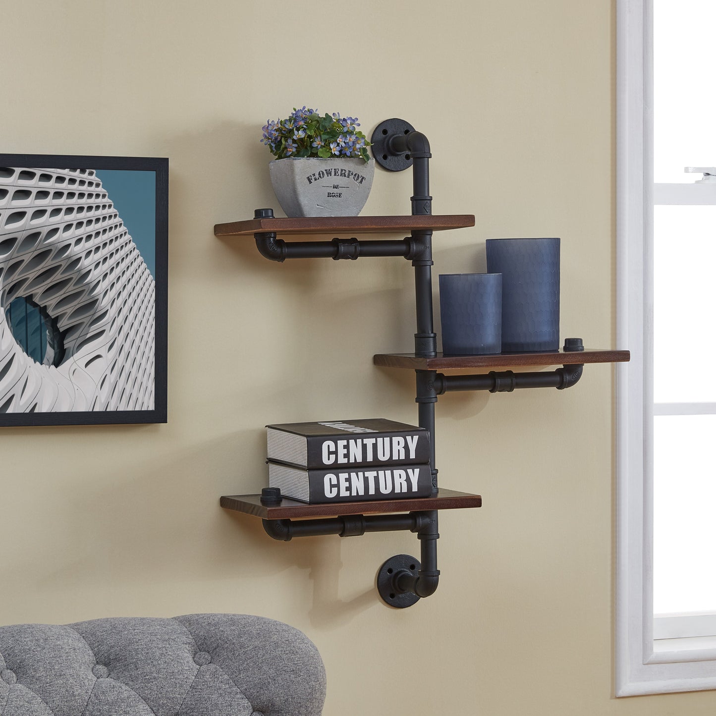 3-Tier Vertical Floating Staggered Industrial Rustic Pipe Shelving Unit - Wall Mount