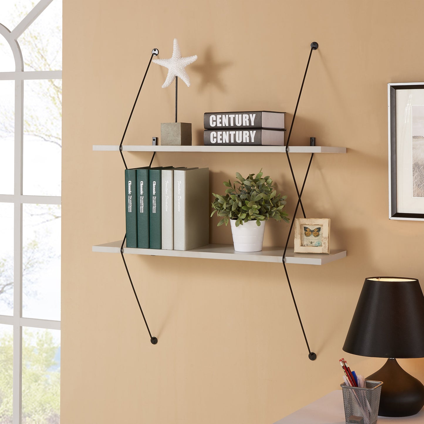 Contemporary Two Level Shelving System with Wire Brackets