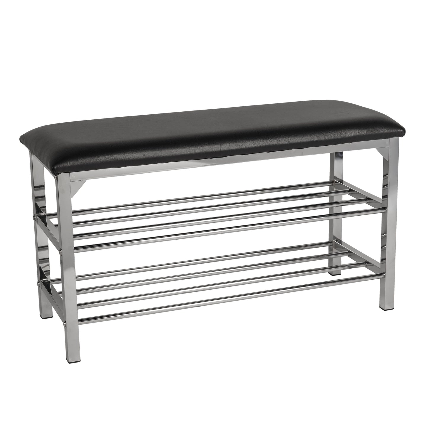 Black Leatherette Storage Entryway Bench with Chrome Frame