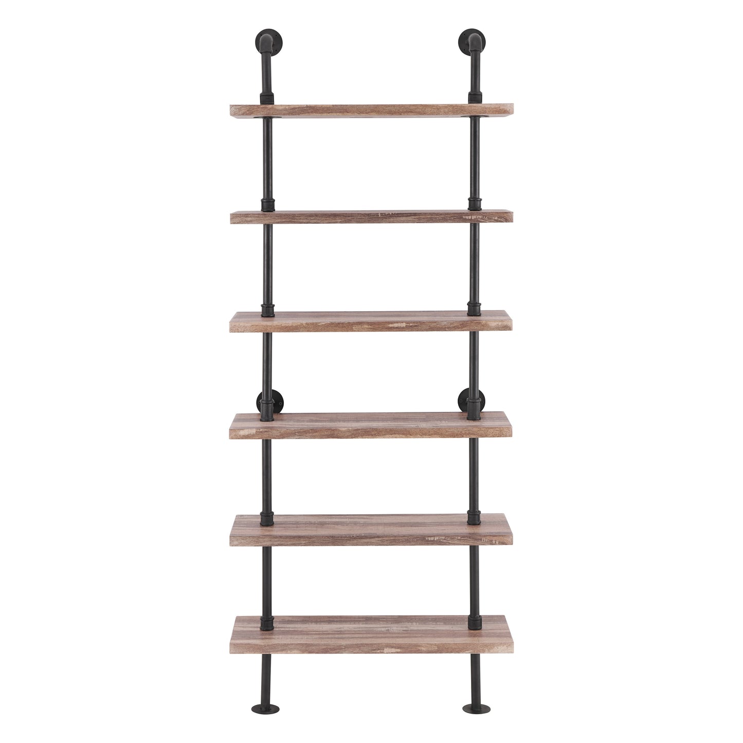 Industrial Modern Rustic 6-Tier Iron Pipe Wall Mount Ladder Shelving Unit in Distressed Wood Finish